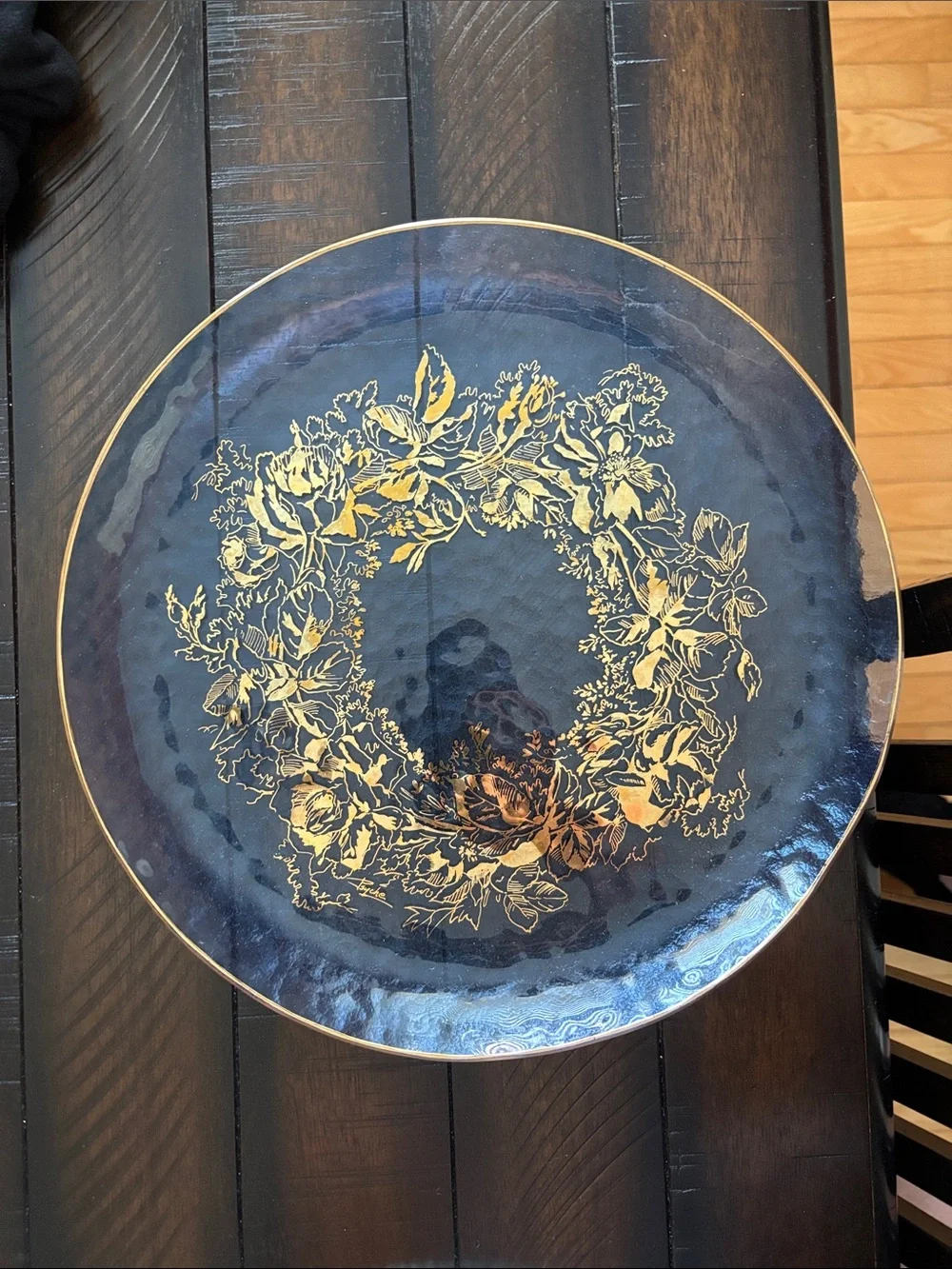 Vintage Cobalt Blue Glass Decorative Plate with Gold Floral Wreath